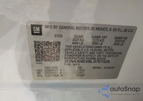 2020 Chevrolet Equinox Fwd Ls z USA, uszkodzony, nr VIN 3GNAXHEV9LS707525